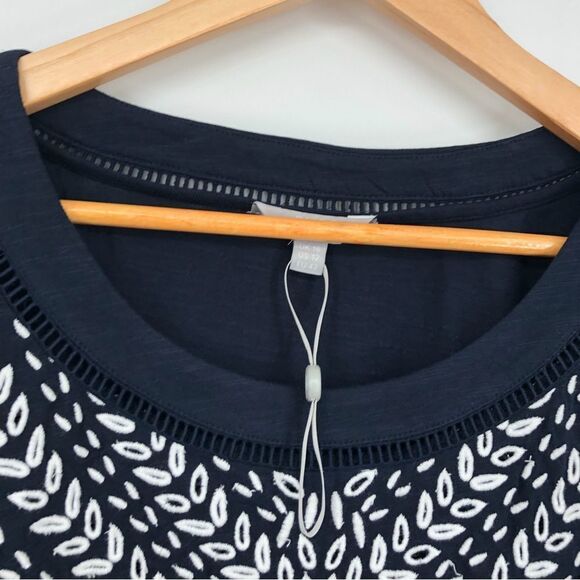 Pure Collection Tee Womens 12 Navy Blue Short Sleeve Embroidered Leaf Cutout - Picture 3 of 10